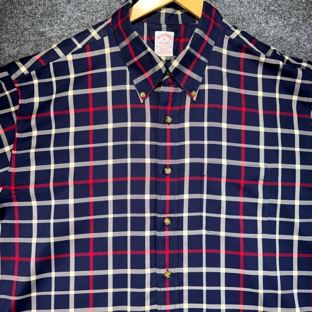 Brooks Brothers Regular Fit Oxford Shirt Mens XL Navy Red Plaid Supima Cotton